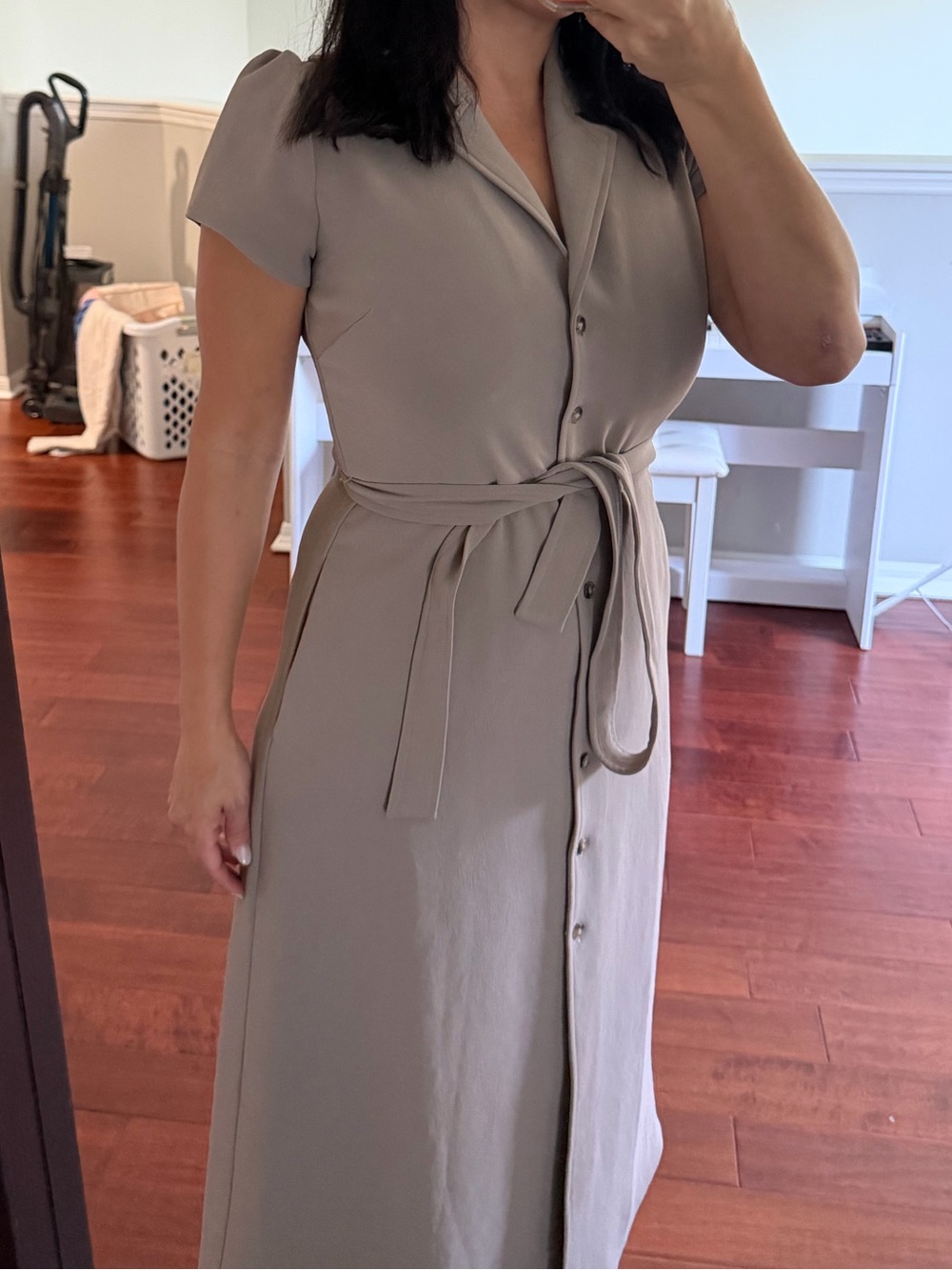 Aritzia Taupe Button-Front Tie-Waist Maxi Dress